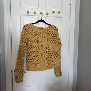 April Cornell Mustard Crochet Cardigan Sweater sunflower USA M